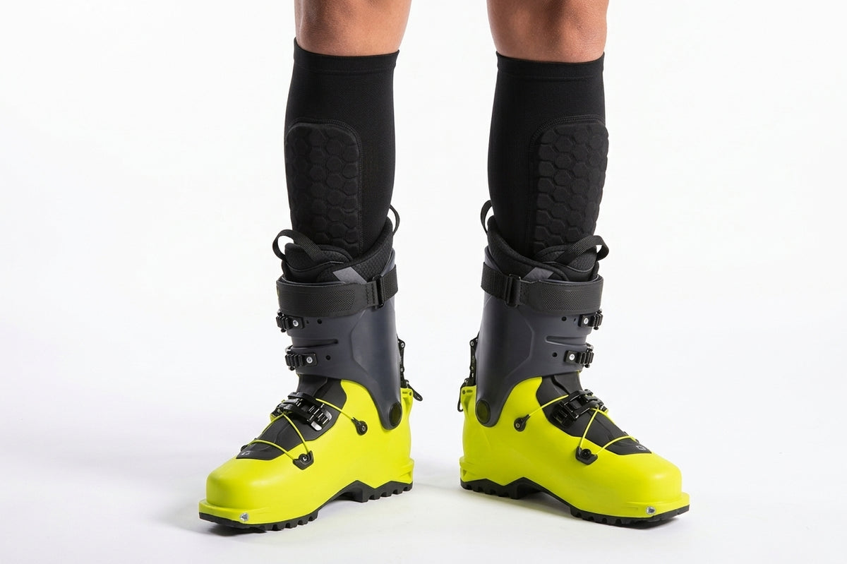 Espinilleras de esquí PistaGuard puestas con botas de esquí