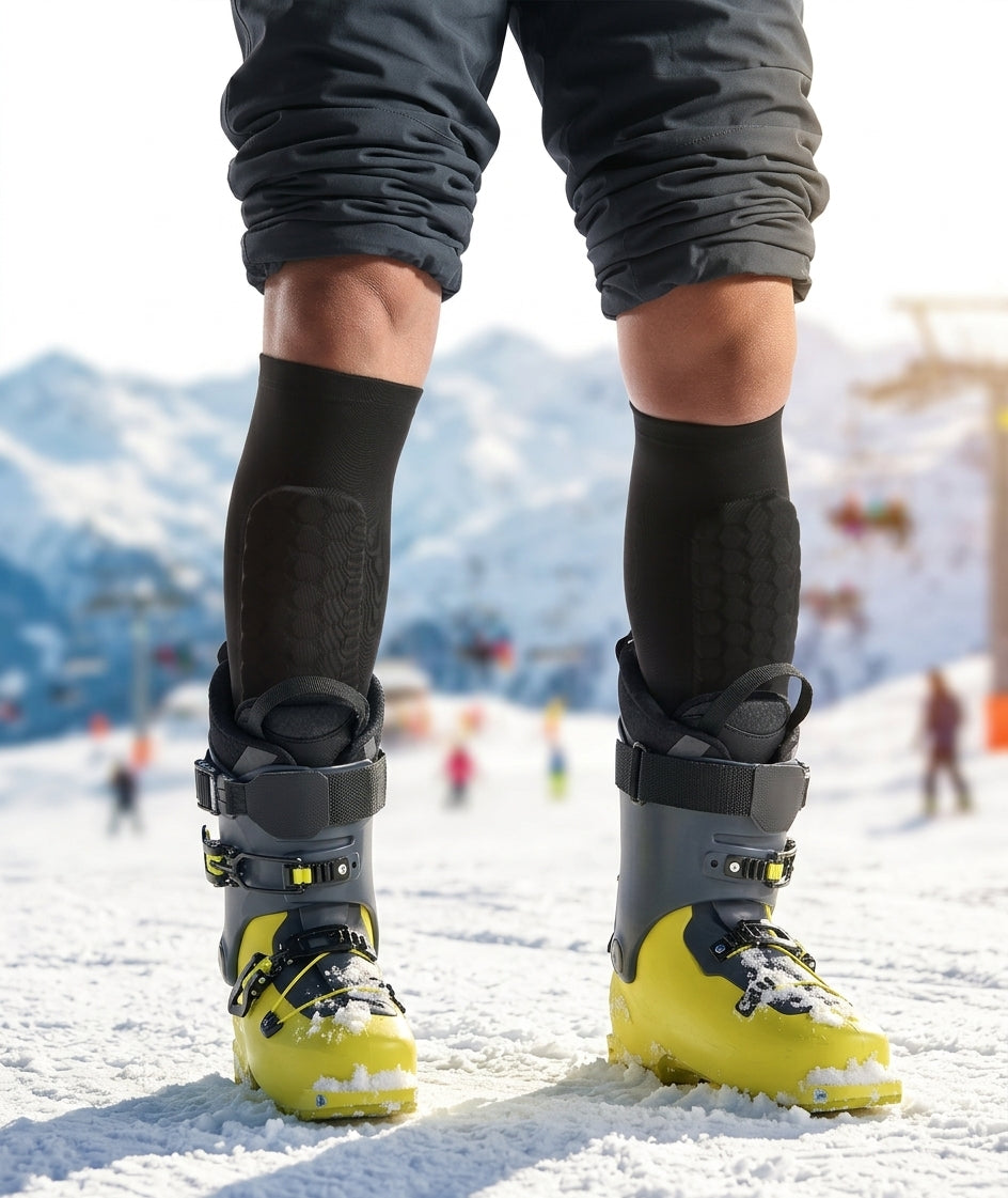 Espinilleras PistaGuard puestas con botas de esquí en pista